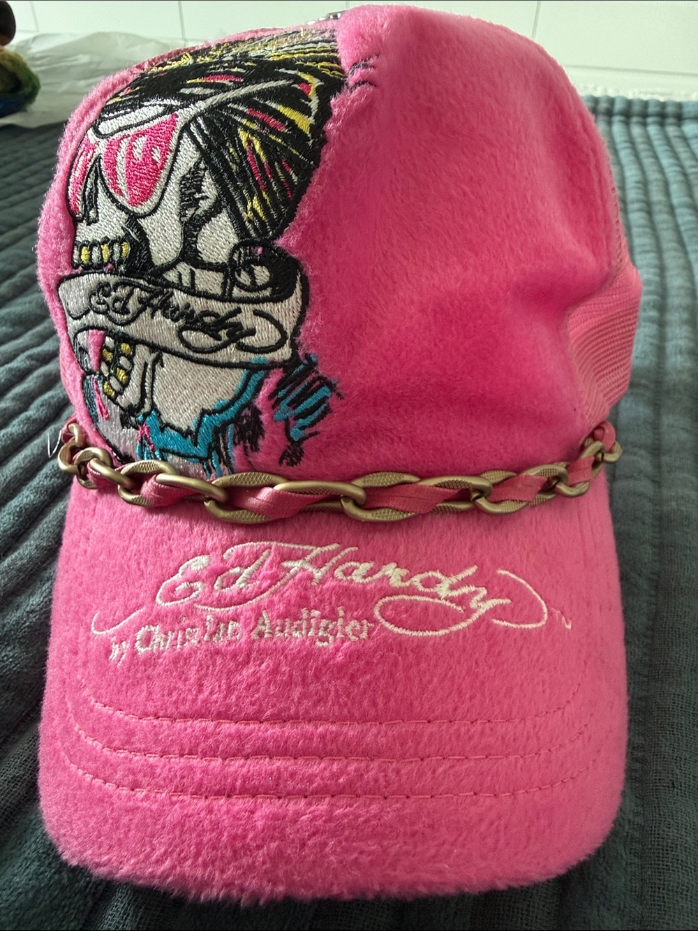 Ed Hardy Velours Y2K Hot Pink Skull Cap with Gold Chain Accent
